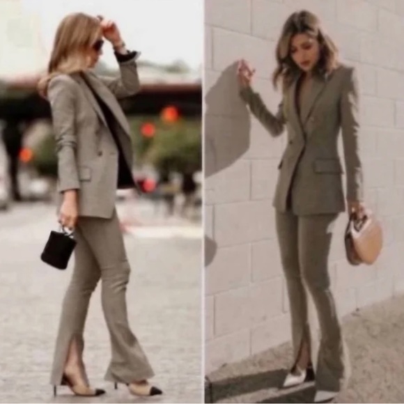 A.L.C. Houndstooth Pants Beige Split Leg Flare Stretch Casual Preppy Size 0 - Picture 2 of 14